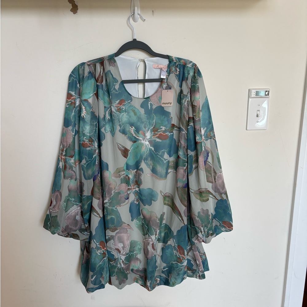 Hutch Womens Teal Floral Long-Sleeve Blouse